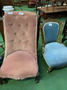 Green upholstered stool, pink upholstered Victorian bedroom chair and blue upholstered walnut framed