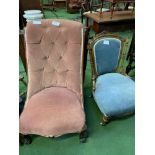 Green upholstered stool, pink upholstered Victorian bedroom chair and blue upholstered walnut framed