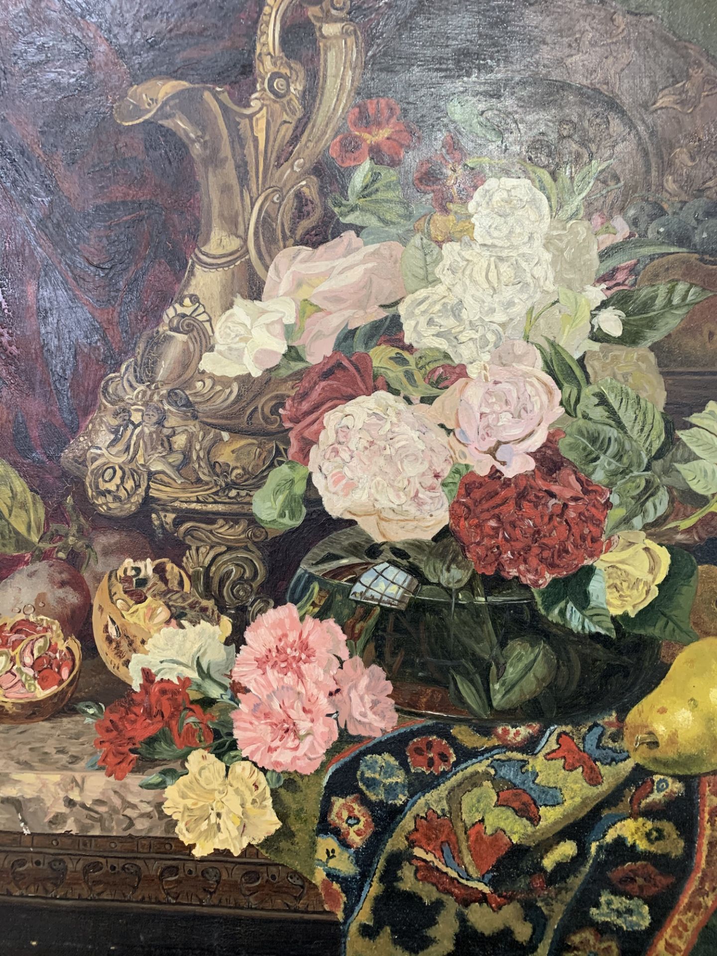 Oil on canvas still life flowers and Ewer. Estimate £20-30. - Image 3 of 3
