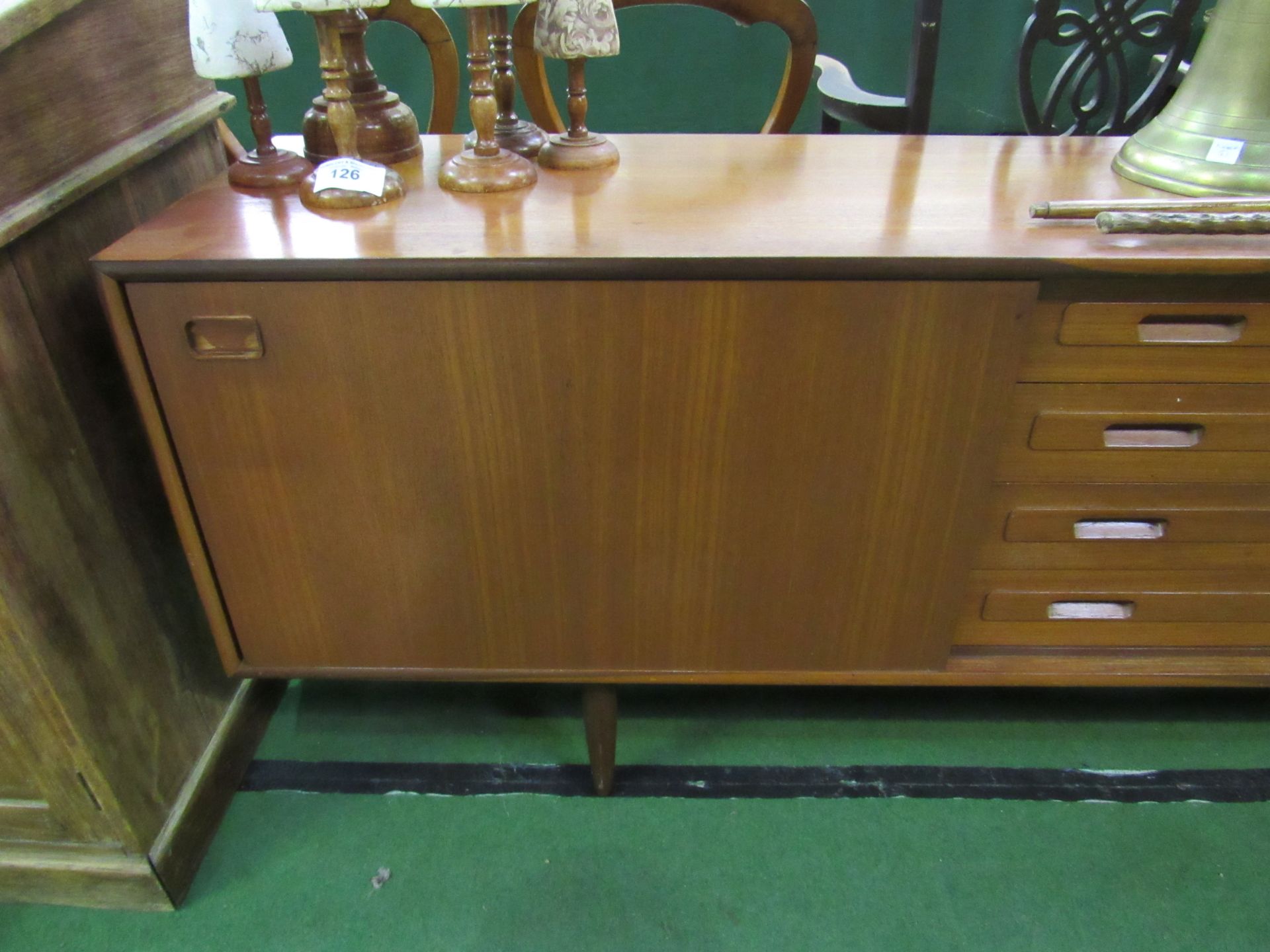 Teak sideboard with 4 centre drawers flanked by cupboards, 222 x 43 x 72cms. Estimate £80-120. - Image 4 of 4