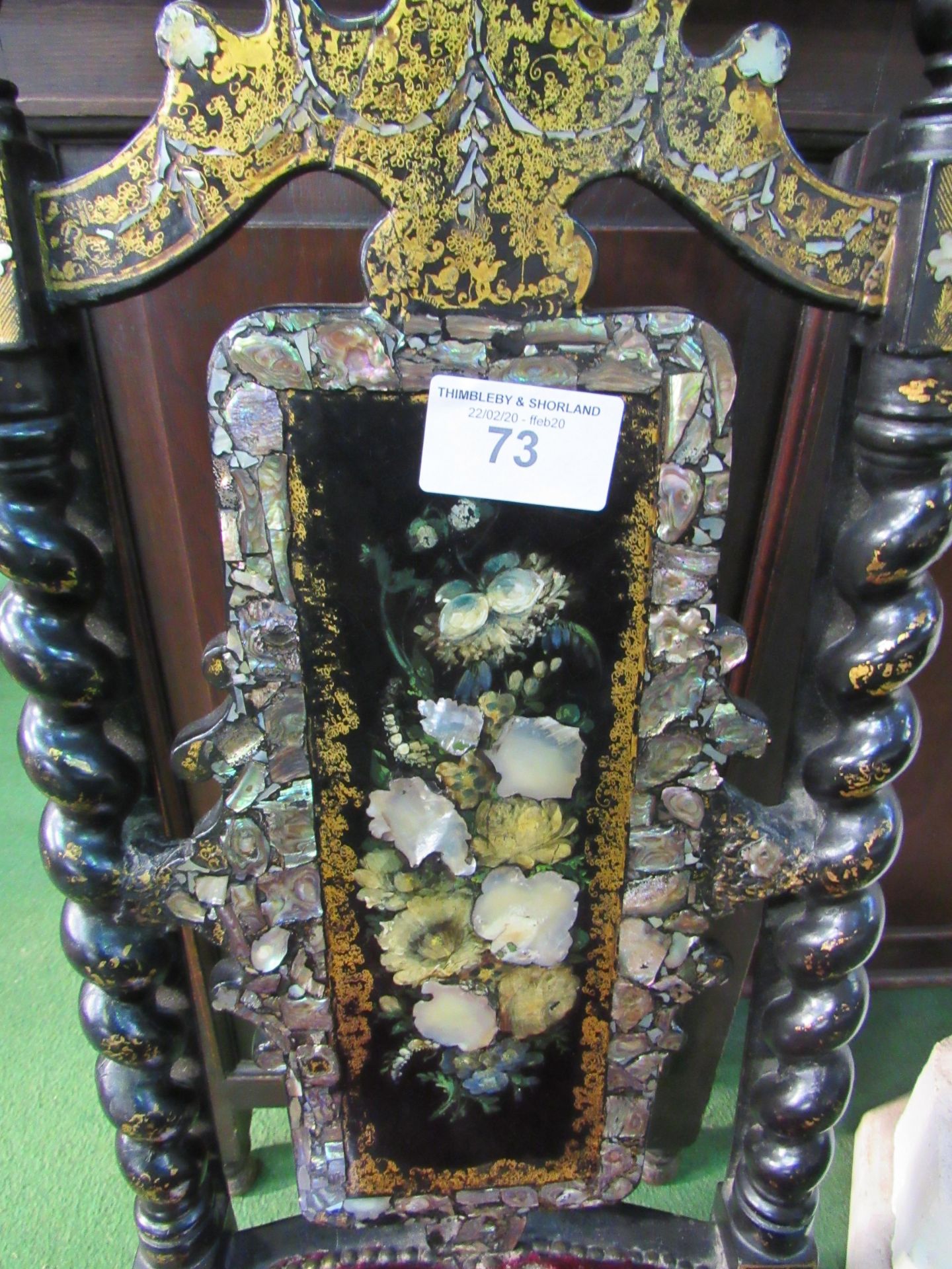 Ebonised and mother of pearl inlaid low chair. Estimate £20-30. - Image 2 of 4
