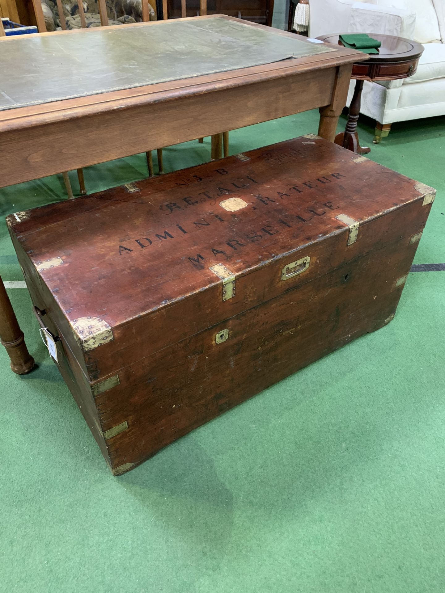 Camphor trunk, brass bound. 106 x 52 x 52cms. Estimate £50-80.