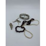 Silver crucifix and chain, silver pearl necklace, 925 silver bracelet as found, white metal leaf