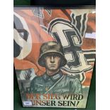 Framed and glazed German WW2 reproduction poster together with 4 pieces of shrapnel. Estimate £20-