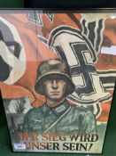 Framed and glazed German WW2 reproduction poster together with 4 pieces of shrapnel. Estimate £20-