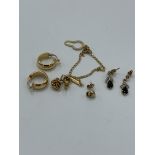 9ct gold bracelet, total weight 6.7gms. Pair of 9ct gold loop earrings, pair of 9ct gold diamond and