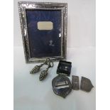 Silver belt fittings, Birmingham 1900; 3 silver thimbles; hallmarked silver photo frame and 2