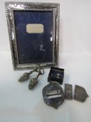 Silver belt fittings, Birmingham 1900; 3 silver thimbles; hallmarked silver photo frame and 2