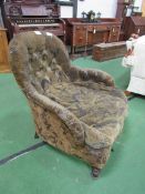 Victorian upholstered large armchair in original fabric. Estimate £20-40.