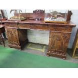 Mahogany pedestal sideboard with 4 frieze drawers, 2 cupboards & carved top upstand, 200 x 61 x