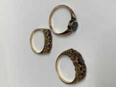 9ct gold and garnet ring, 9ct gold and emerald ring, 9ct gold and purple stone ring. Estimate £60-