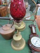 Oak cased thermometer/barometer, brass fire guard, large oil lamp with ruby glass shade, brass bell,