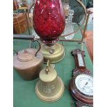 Oak cased thermometer/barometer, brass fire guard, large oil lamp with ruby glass shade, brass bell,