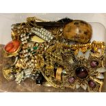 Box of vintage buttons and 2 vintage necklaces one stamped Hong Kong