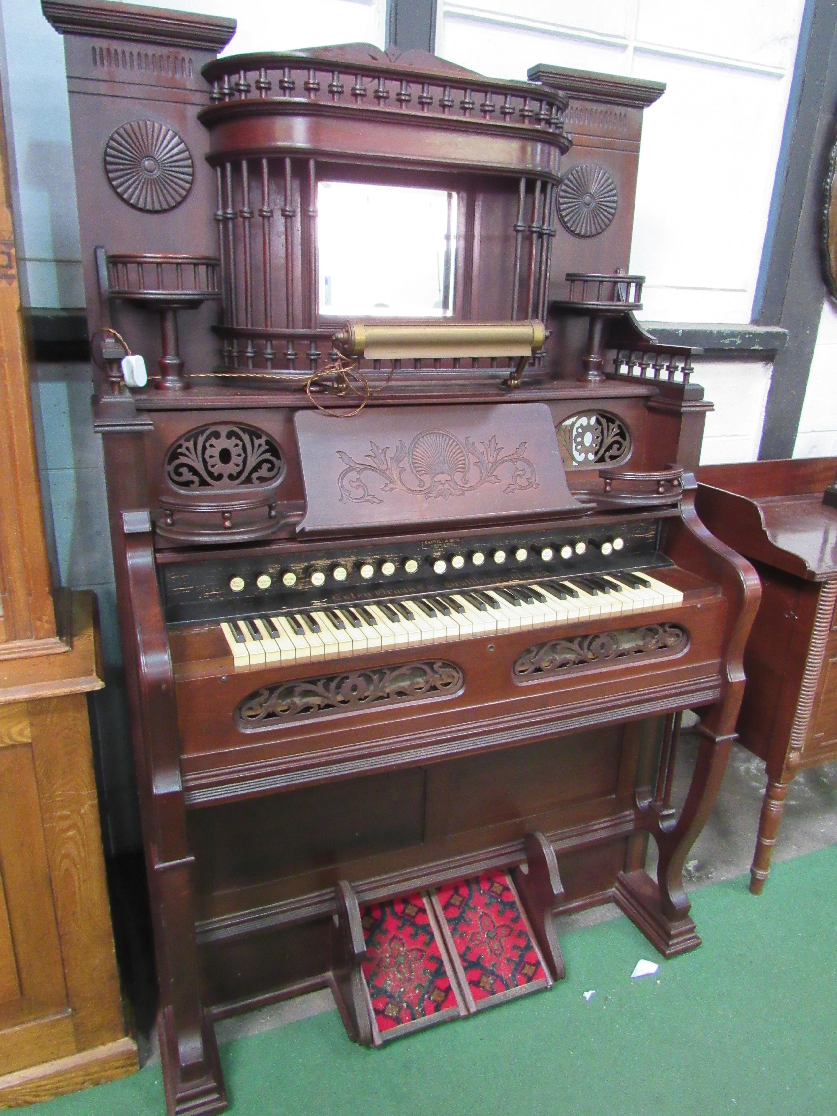 Victorian style decorated mahogany organ by Estey Organ Co., Brattleboro, Vermont, USA. 110 x 60 x