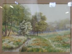 Framed & glazed watercolour of trees & stream signed by H L Brewer. Estimate £10-20