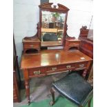 Mahogany dressing table with three frieze drawers, mirror flanked by two small cabinets, turned legs