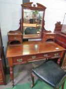 Mahogany dressing table with three frieze drawers, mirror flanked by two small cabinets, turned legs