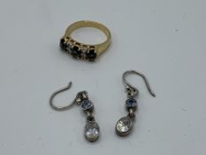 Yellow metal ring set with blue and white stone ring, vintage silver coloured drop earrings set with