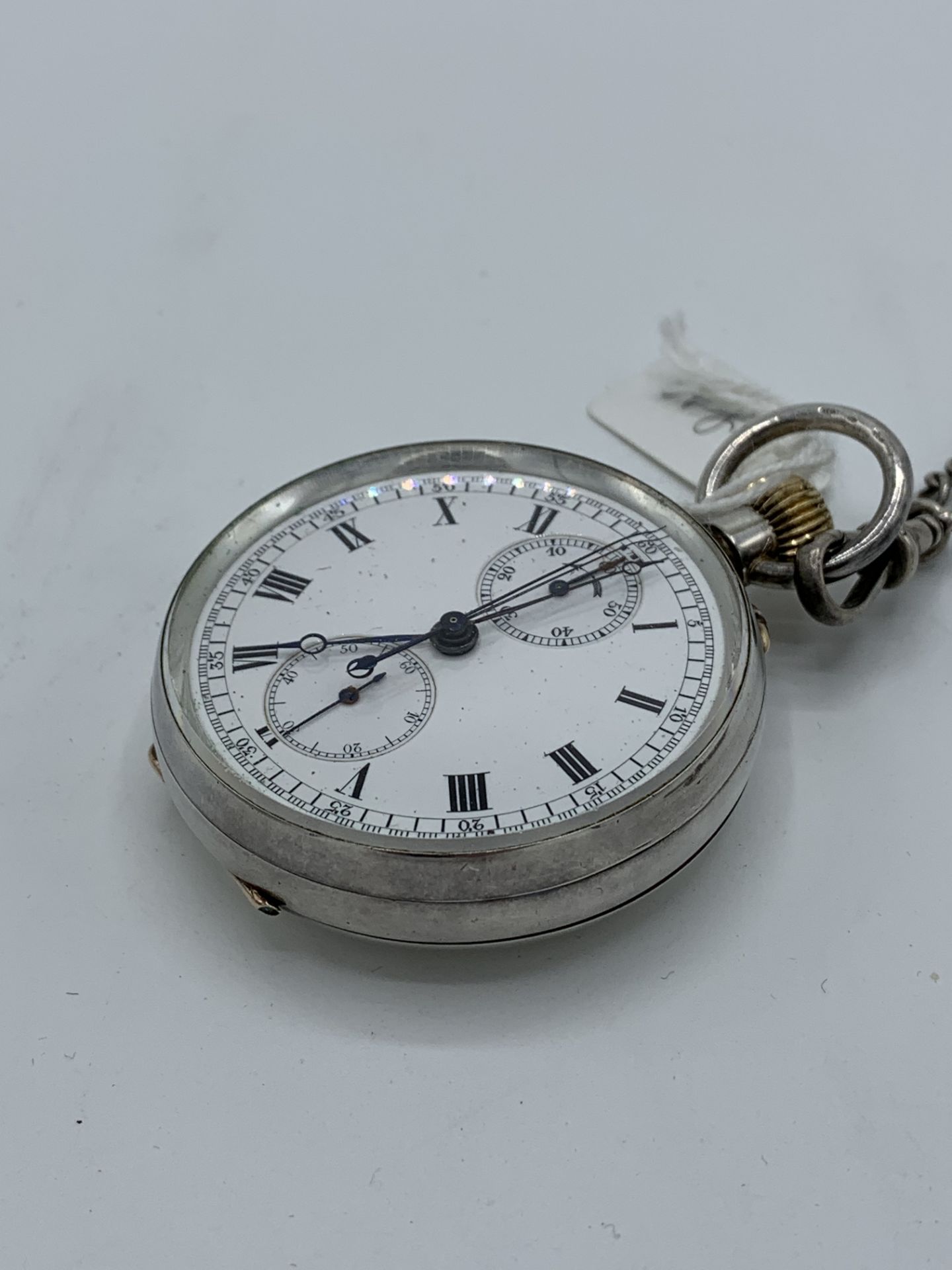 935 silver cased pocket watch complete with silver hallmarked watch chain, seconds and stop watch - Image 3 of 5