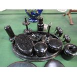 Corona Ware lidded pot, ebonised dressing table set and a white metal botle top opener in the form