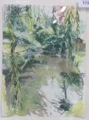 Mixed media picture of a forest scene signed by the artist; print of a ruin & a watercolour of a