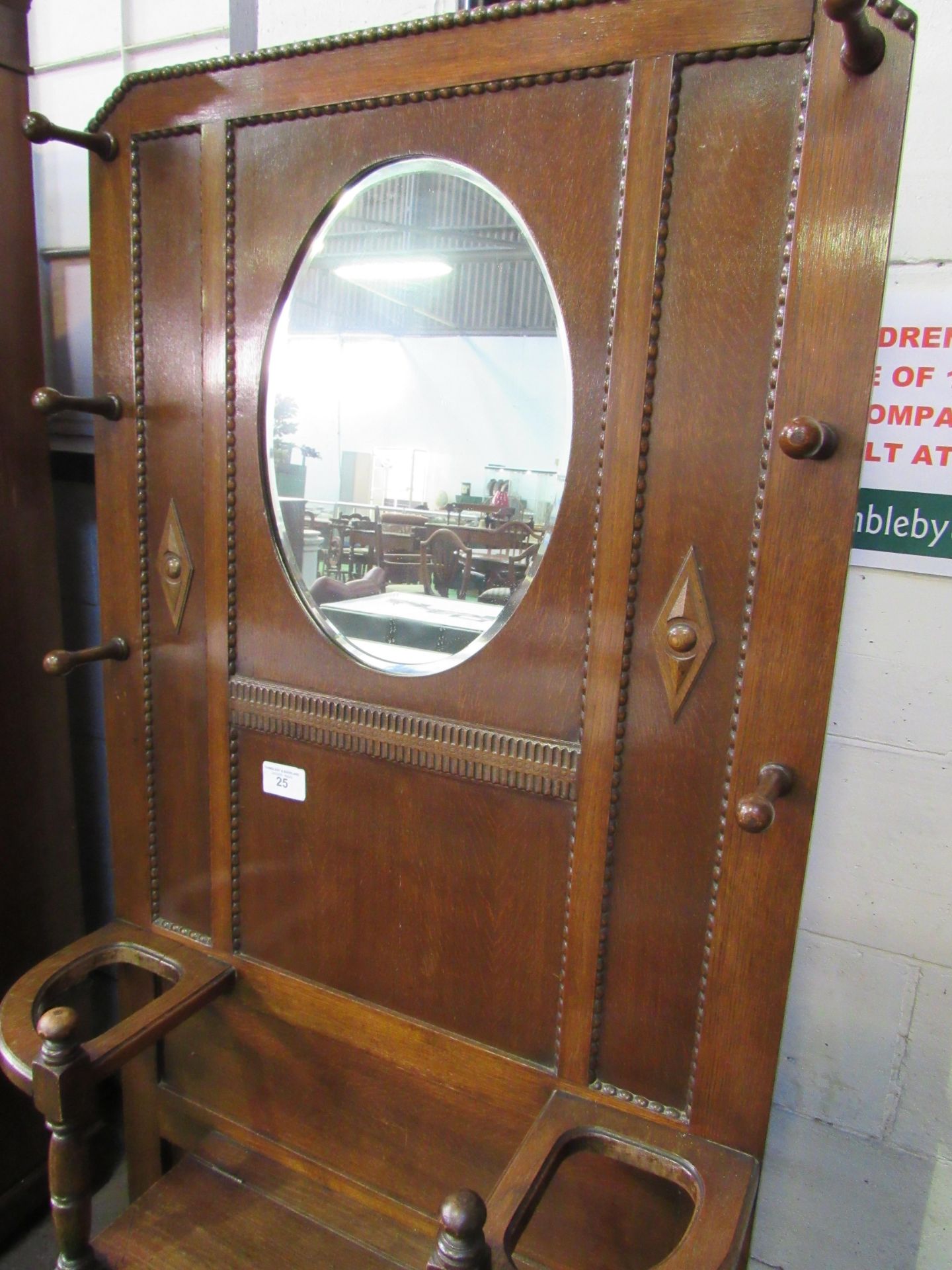 Oak mirror backed hall stand with integral box storage seat. Estimate £20-40. - Image 3 of 3