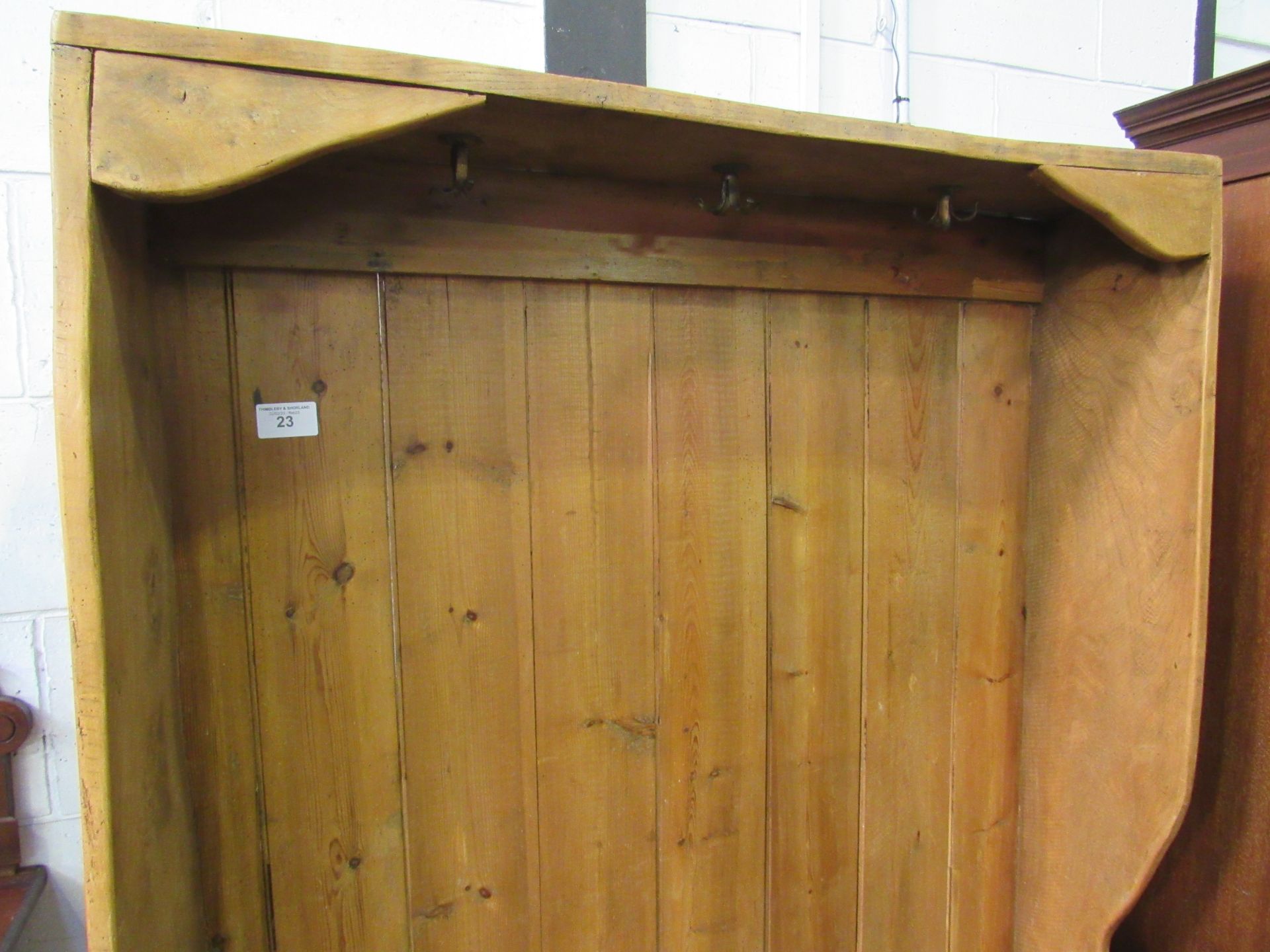 Pine settle converted to coat and boot storage, 129 x 31 x 186cms. Estimate £50-80. - Image 2 of 3