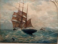 Gilt framed & glazed watercolour of a sailing ship, signed Herbert W Boyce, 1919, 54.5 x 74cms.