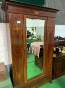 Edwardian inlaid mahogany wardrobe with bevel-edge glass mirror door & drawer beneath, 118 x 52 x
