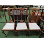 3 oak high back chairs with drop-in seats. Estimate £15-25.