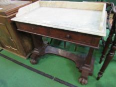 Marble top and mahogany wash stand with 2 frieze drawers, 93 x 51 x 87cms. Estimate £20-40.