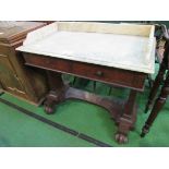 Marble top and mahogany wash stand with 2 frieze drawers, 93 x 51 x 87cms. Estimate £20-40.