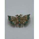 9ct gold and seed pearl butterfly brooch, 7.2gms. Estimate £50-70.