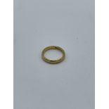 18ct gold wedding band, weight 3.4gms, size K. Estimate £80-90.