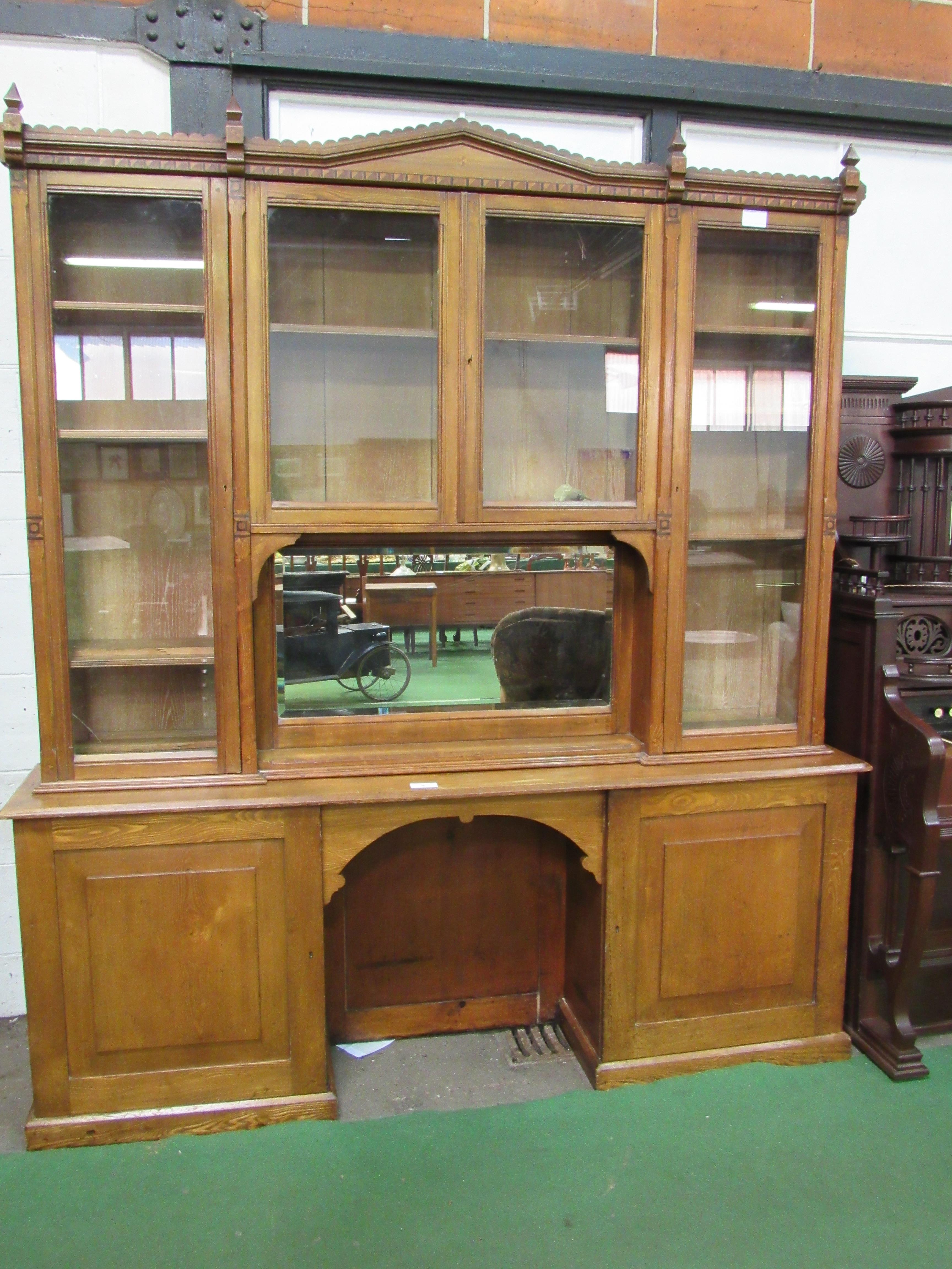 Oak glass top display cabinet with mirror and 2 cupboards to base. 210 x 42 x 236cms. Estimate £50-