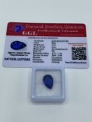 Pear cut blue sapphire, weight 7.15ct with certificate. Estimate £40-50.