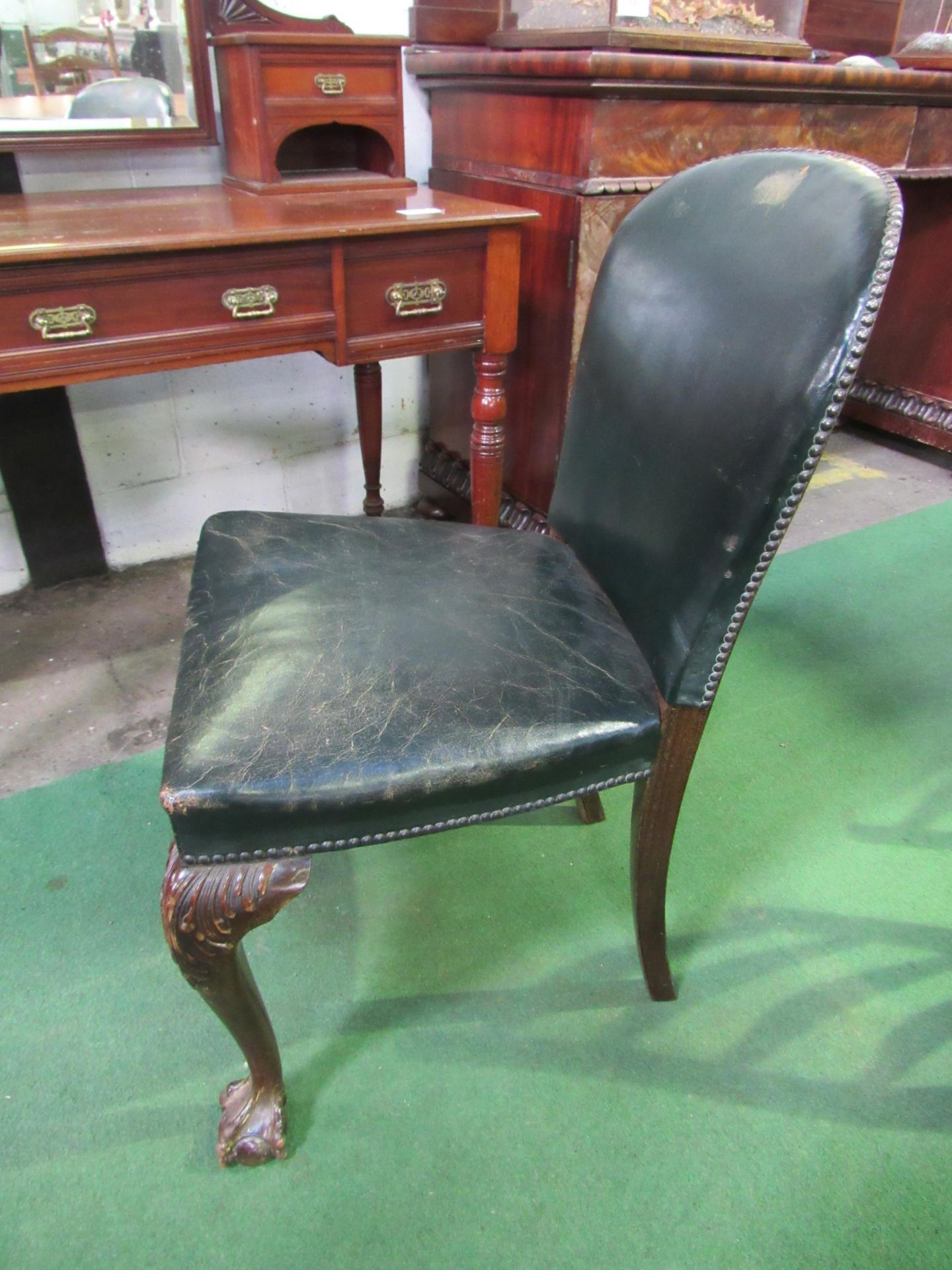 Green leather upholstered chair on ball and claw feet at front. Estimate £30-50. - Image 2 of 3