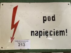 Dome shape continental enamel sign, ""Electric Shock Warning"". Estimate £30-50.