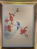 3 framed and glazed oriental watercolours of birds. Estimate £15-25.