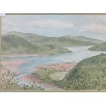 2 framed and glazed watercolours of lake scene, signed M.J Betts. Limited edition print of coastal