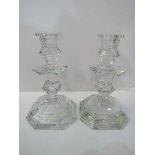 A pair of Bacarat candlesticks, French crystal late 20th Century. Height 19cms. Estimate £80-100.