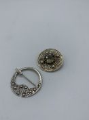 Sterling silver circular Celtic-style brooch and a Scottish silver circular sash brooch. Estimate £