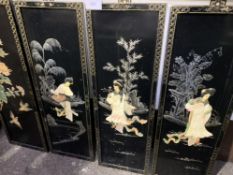 4 oriental decorative wall panels. Estimate £40-50.