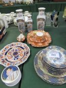 3 oriental vases. Copeland and Spode cup, saucer, plate and sauce boat. Ironstone plate. Pot lid and