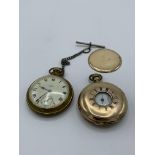 Gold plated cased half hunter pocket watch by the American Watch Co, Waltham, Mass, going order;