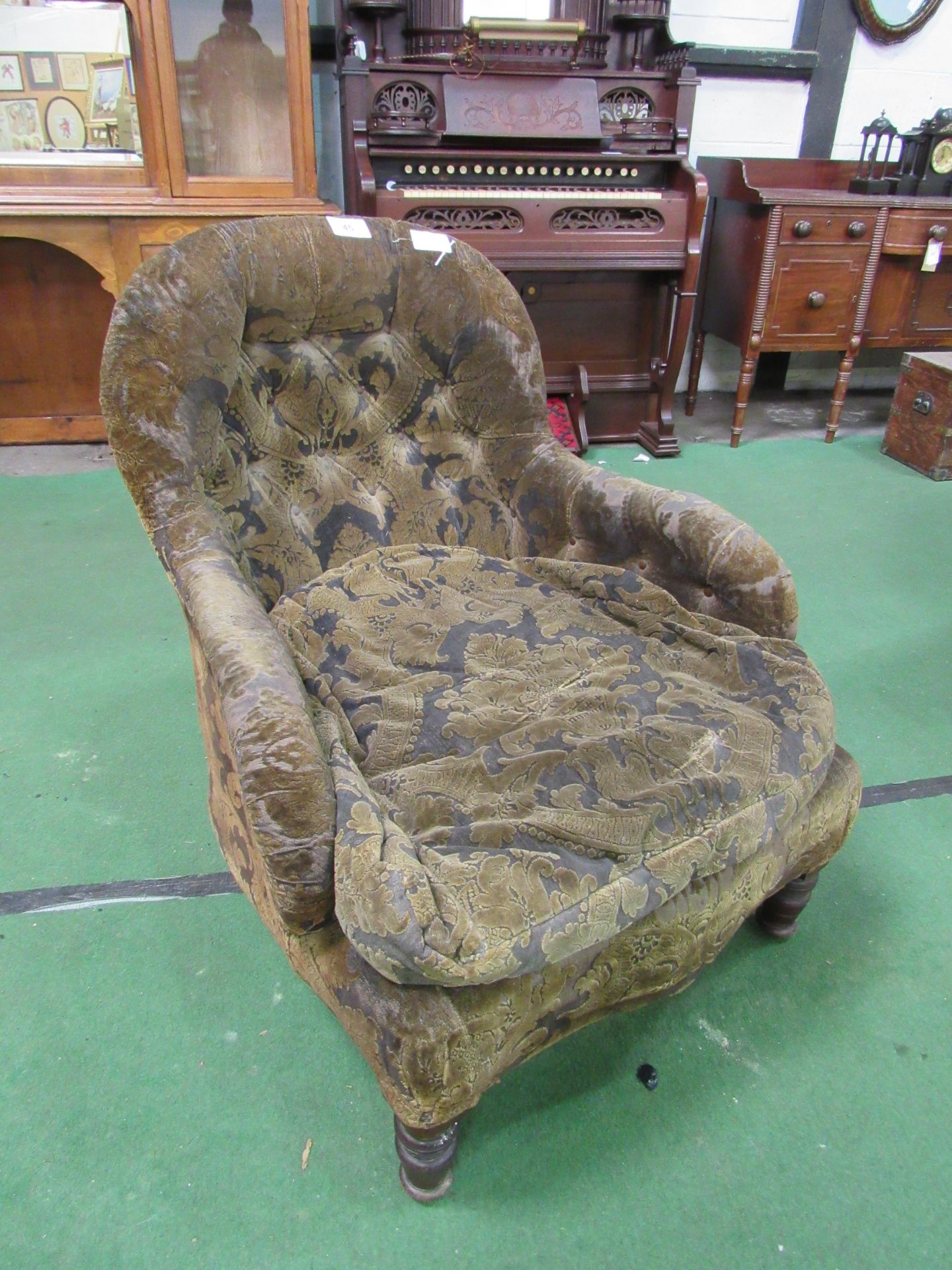 Victorian upholstered large armchair in original fabric. Estimate £20-40. - Image 2 of 3