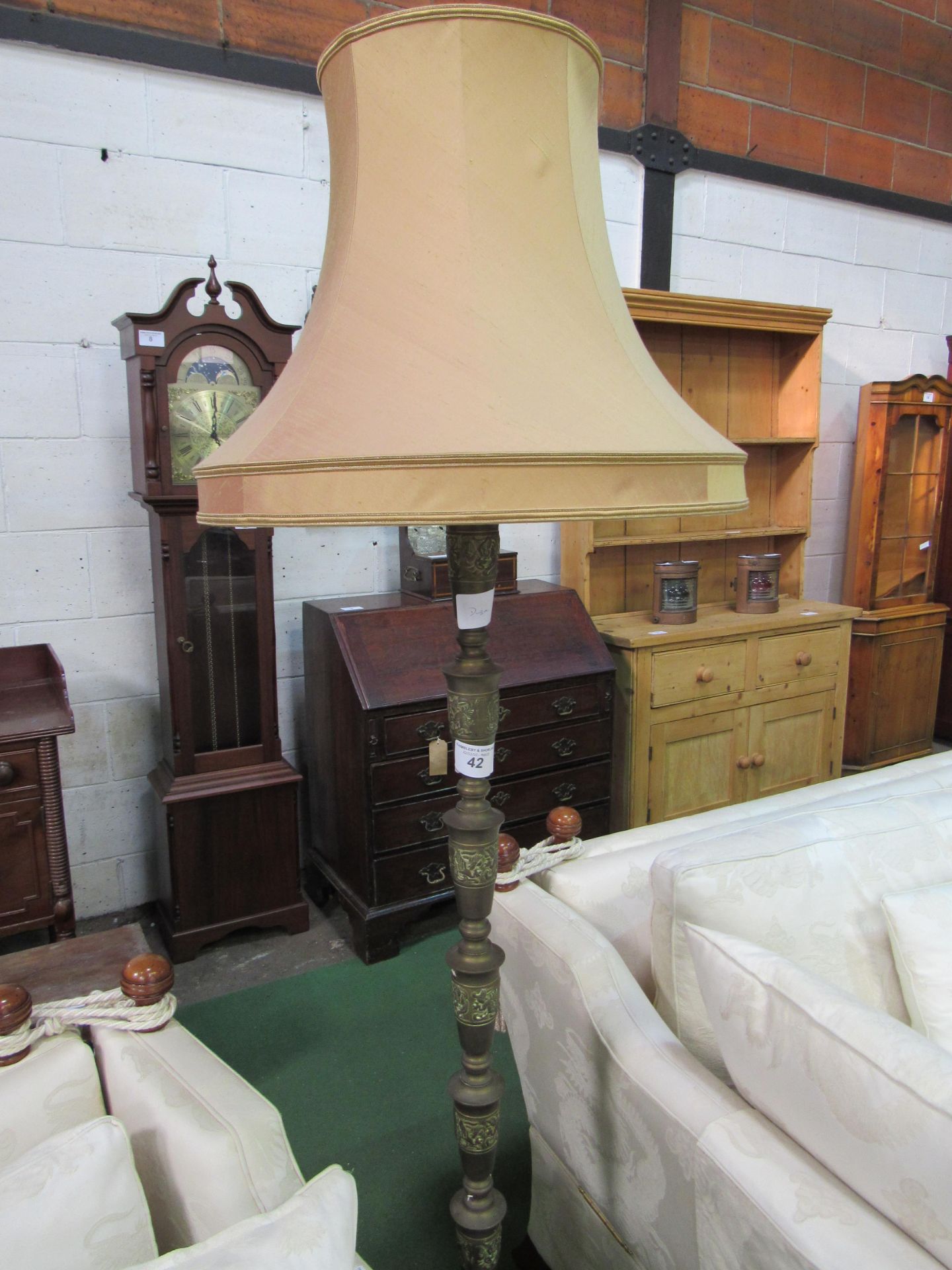 Brass decorated lamp standard and shade. Estimate £10-20. - Image 2 of 2