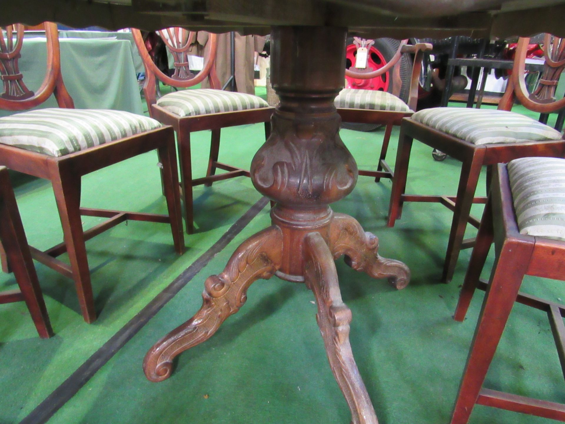 Shaped sided pedestal dining table with decorative inlaid top, 173 x 106 x 82cms. Estimate £10-20 - Image 3 of 3