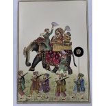 Miniature Indian watercolour of elephant and swordsmen, unframed. Estimate £50-70.